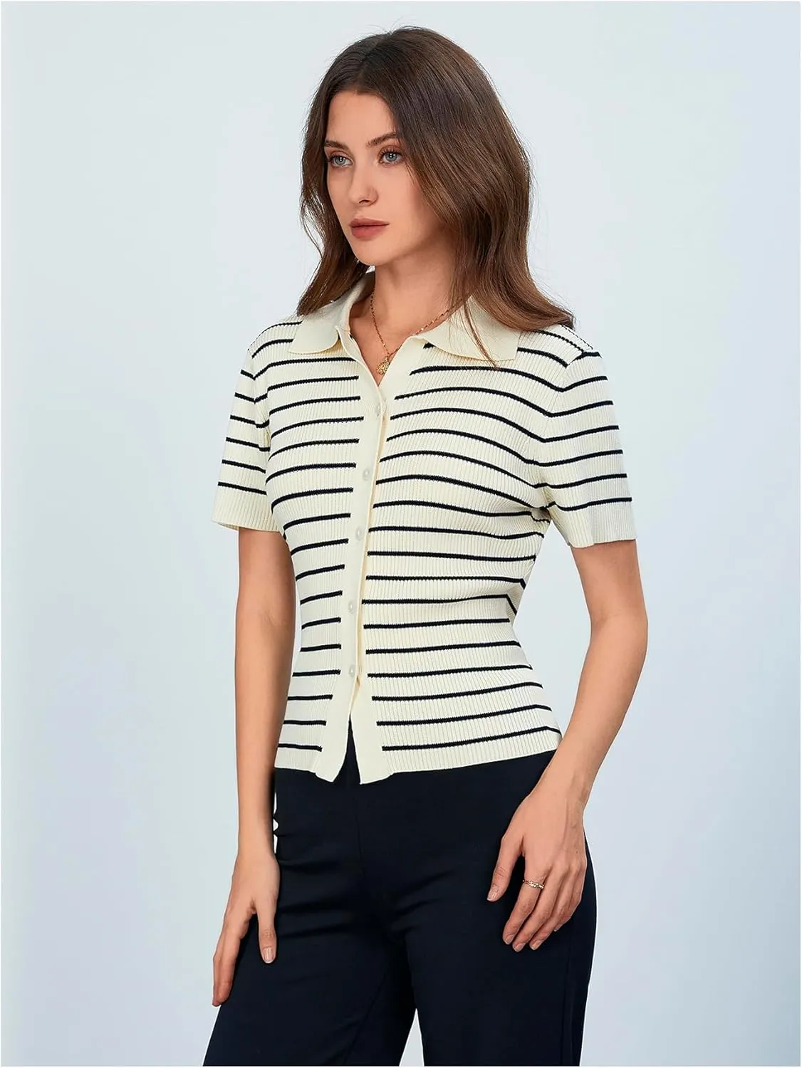 Verdusa Women's Striped Ribbed Knit Button Down Sweater Top Collar Short Sleeve Tee