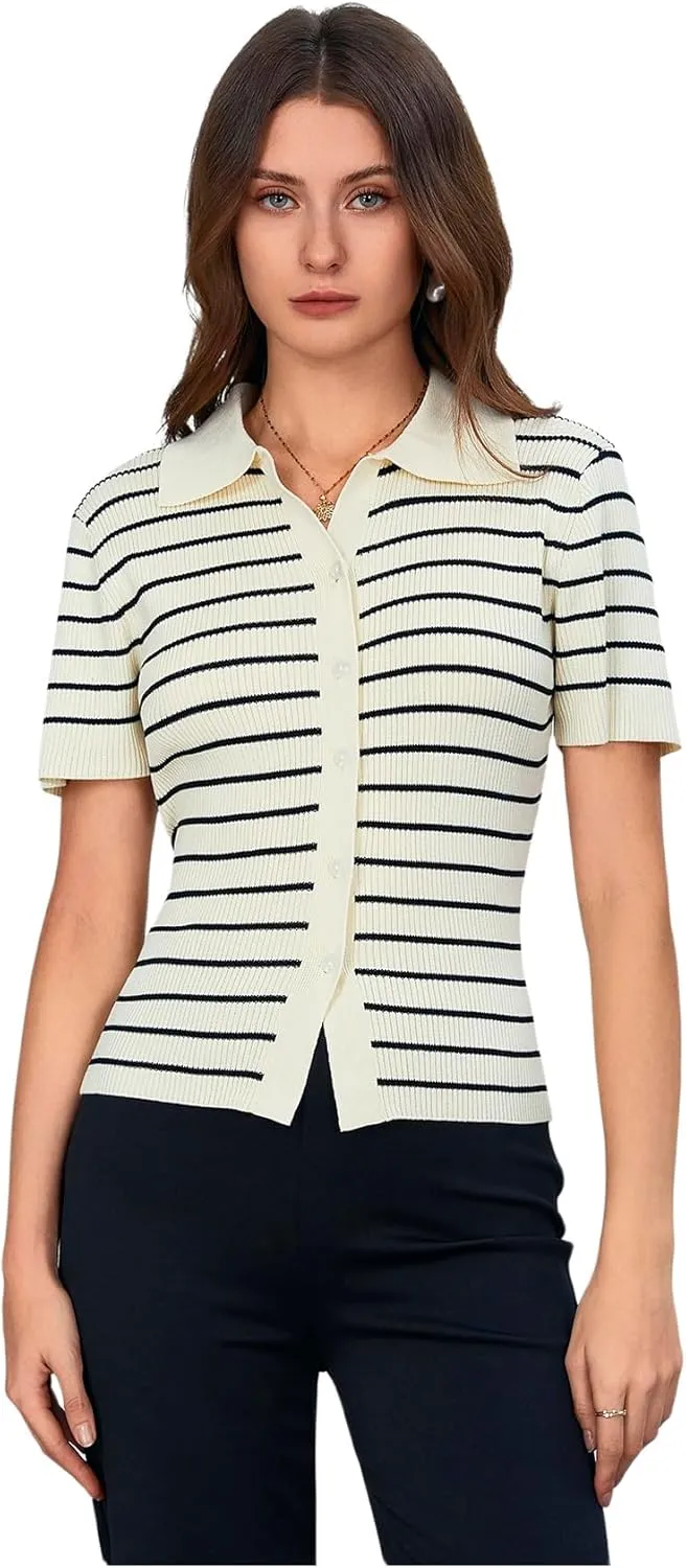 Verdusa Women's Striped Ribbed Knit Button Down Sweater Top Collar Short Sleeve Tee