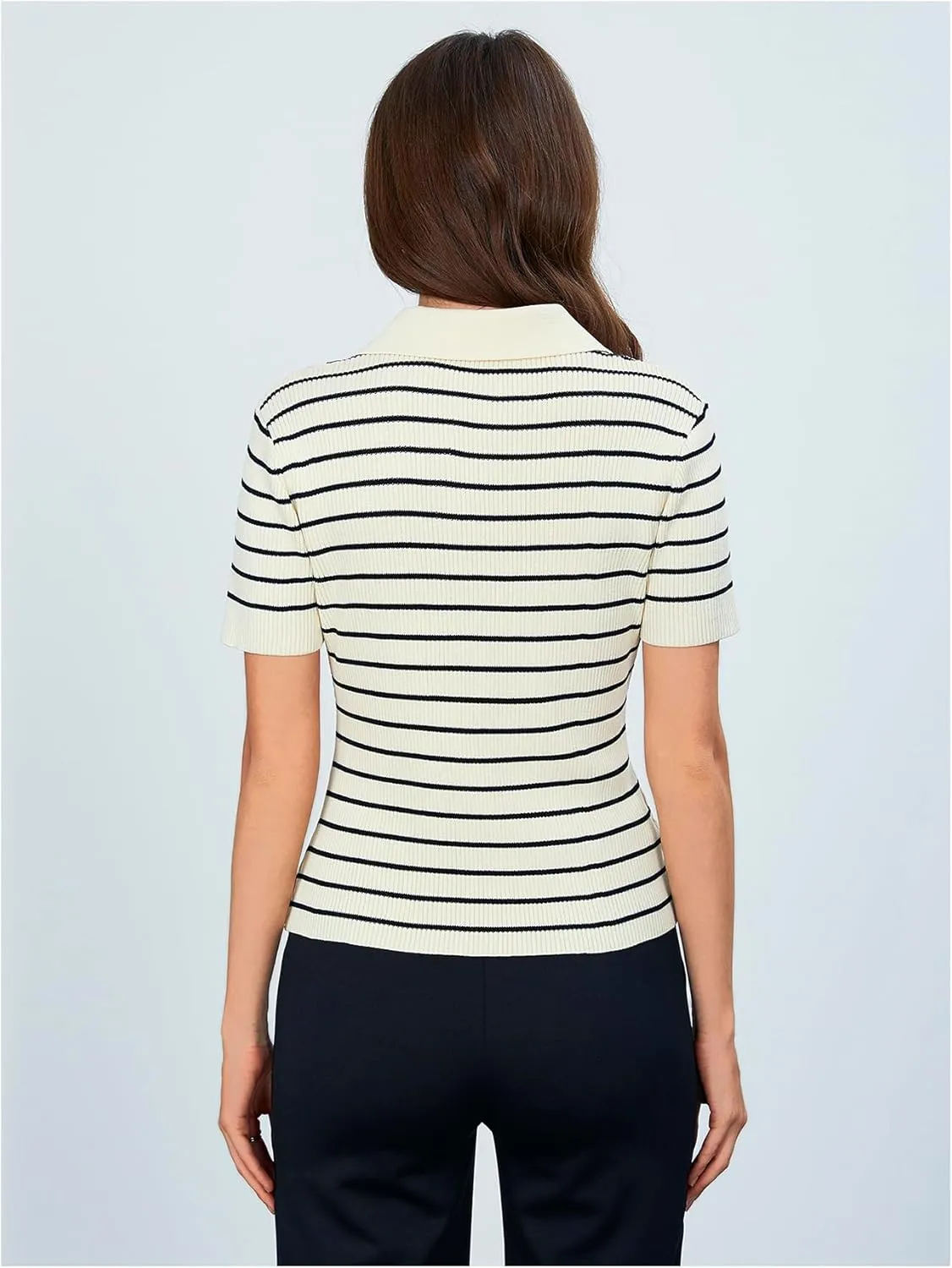 Verdusa Women's Striped Ribbed Knit Button Down Sweater Top Collar Short Sleeve Tee