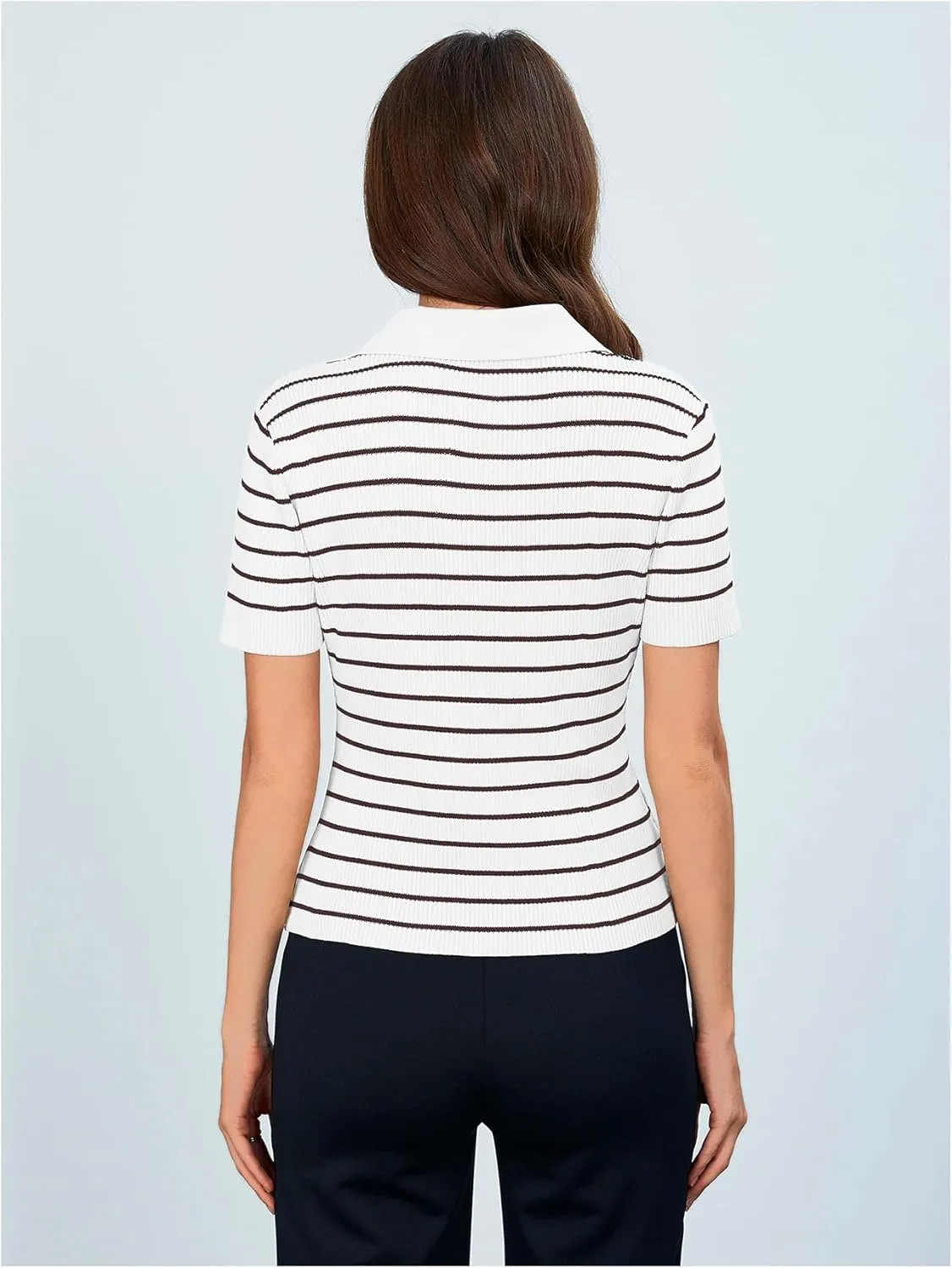 Verdusa Women's Striped Ribbed Knit Button Down Sweater Top Collar Short Sleeve Tee