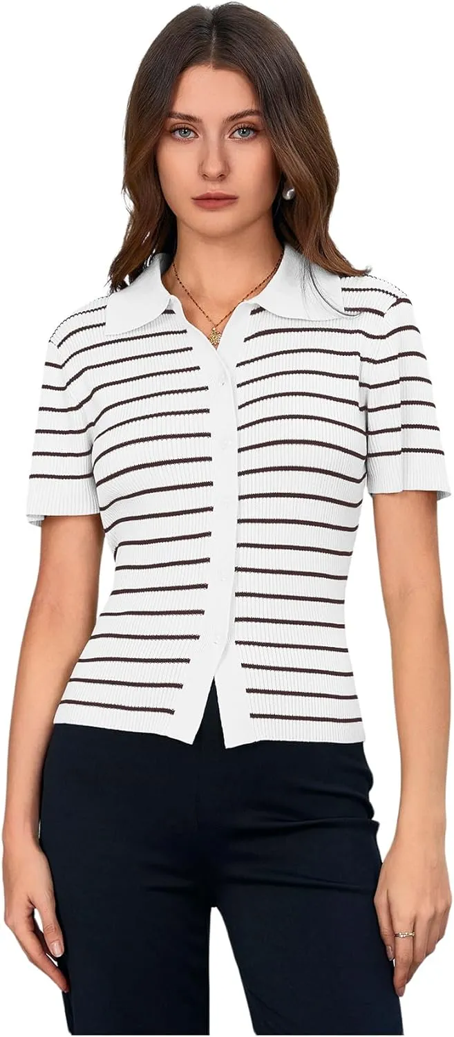Verdusa Women's Striped Ribbed Knit Button Down Sweater Top Collar Short Sleeve Tee