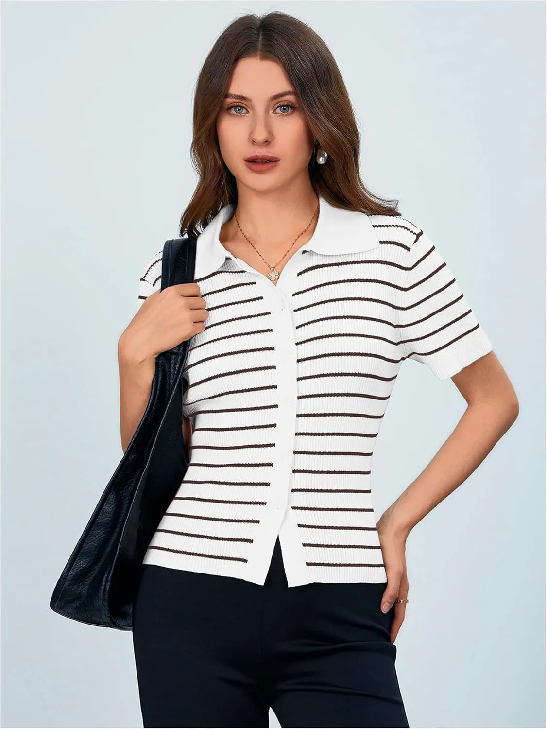 Verdusa Women's Striped Ribbed Knit Button Down Sweater Top Collar Short Sleeve Tee
