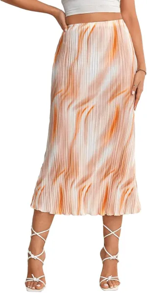 Verdusa Women's Tie Dye Elastic High Waist Pleated A Line Midi Skirt Orange Medium