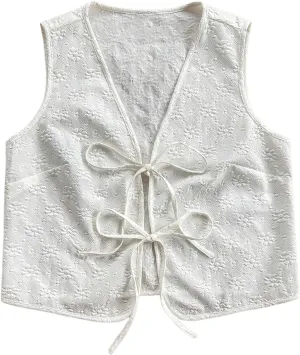 Verdusa Women's Vintage Floral Print Bow Tie Cowgirl Vest V Neck Sleeveless Jacket Outerwear