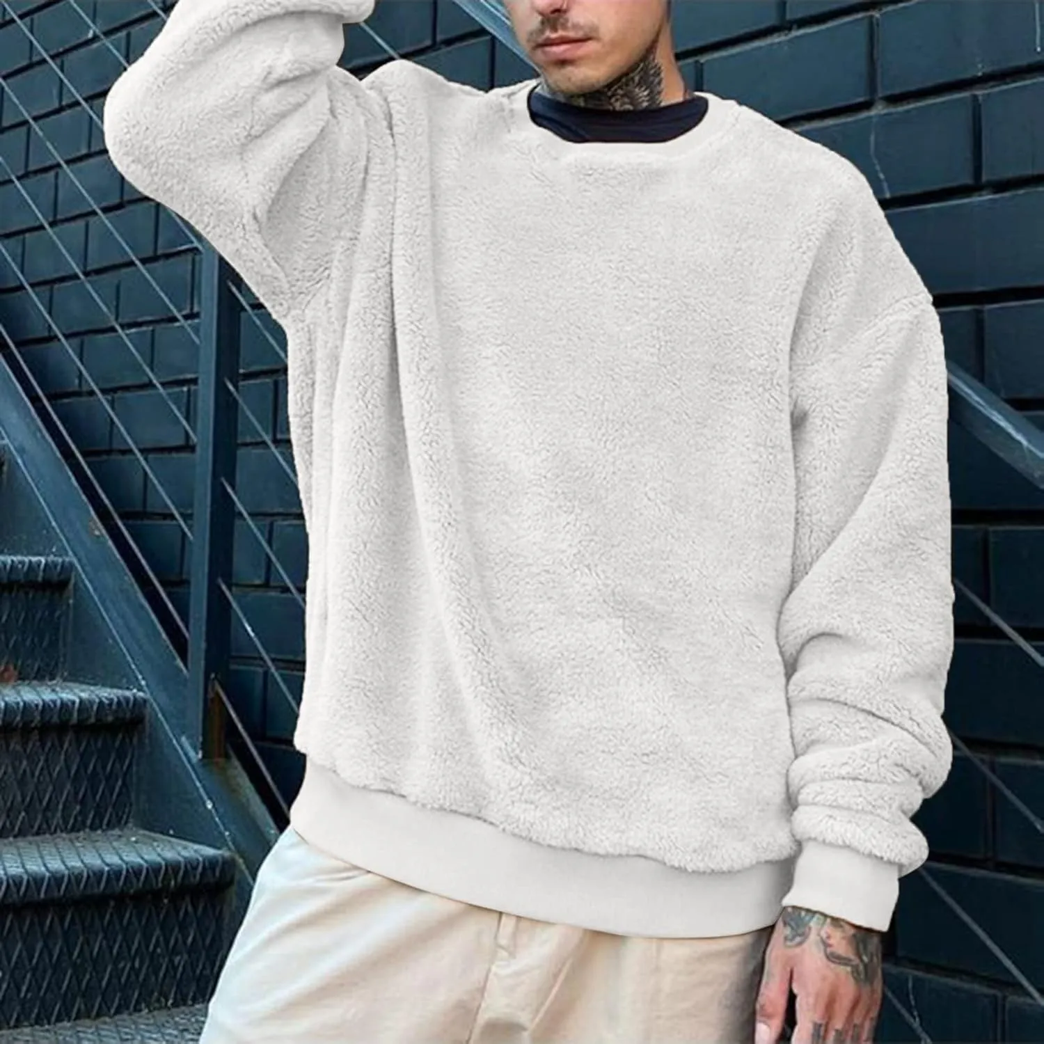 Warm Fuzzy Sweatshirts for Men Winter Sherpa Fleece Crewneck Pullover Sweatshirt Casual Plus Size Solid Color Top