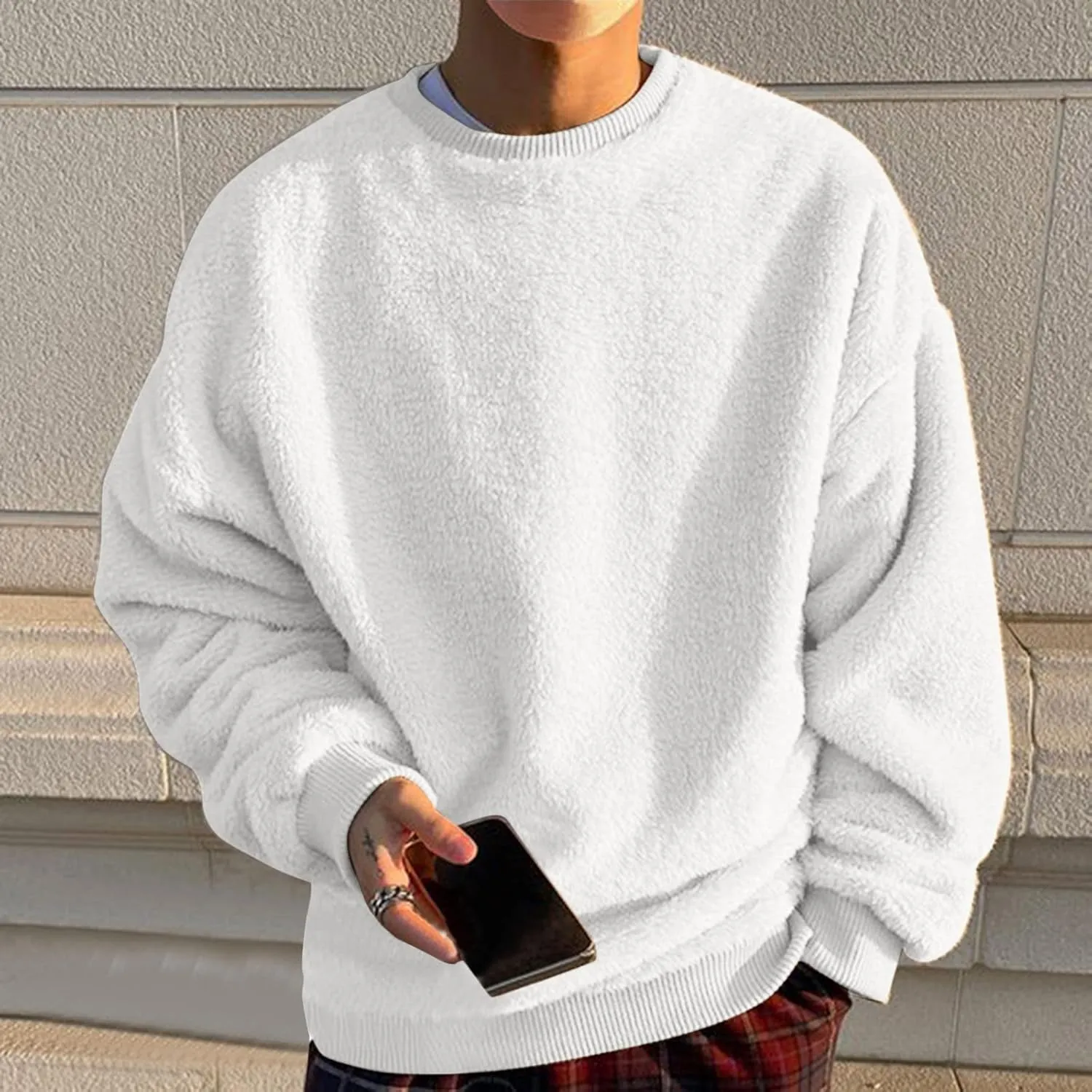 Warm Fuzzy Sweatshirts for Men Winter Sherpa Fleece Crewneck Pullover Sweatshirt Casual Plus Size Solid Color Top