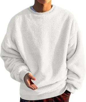 Warm Fuzzy Sweatshirts for Men Winter Sherpa Fleece Crewneck Pullover Sweatshirt Casual Plus Size Solid Color Top