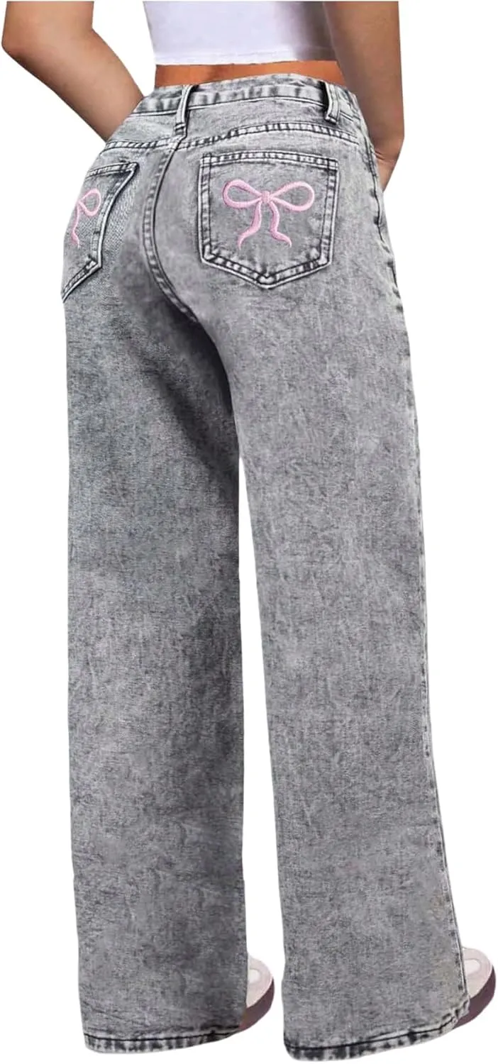 WDIRARA Girl's Bowknot Embroidery Wide Leg Jeans Y2k Baggy Denim Pants
