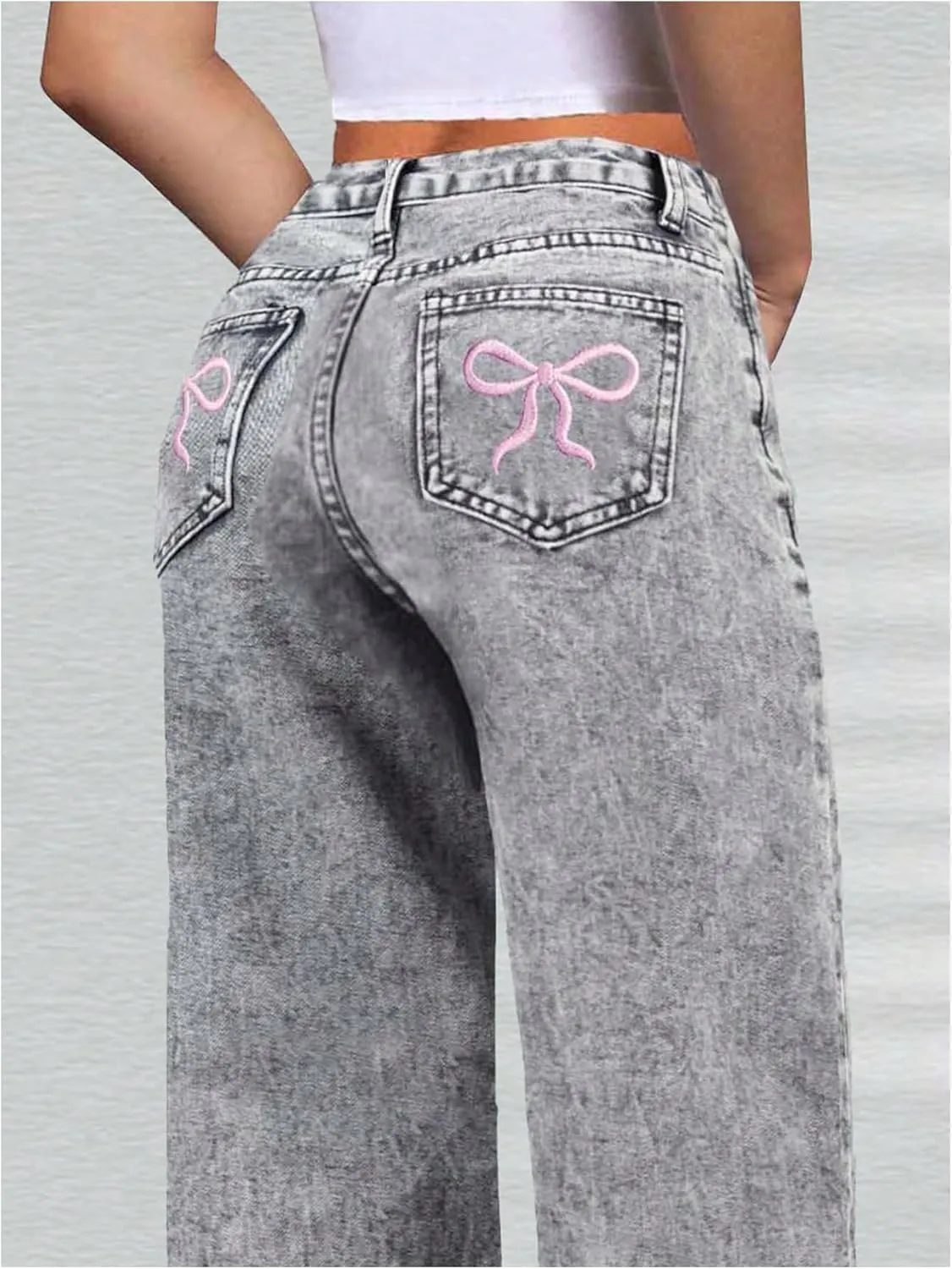 WDIRARA Girl's Bowknot Embroidery Wide Leg Jeans Y2k Baggy Denim Pants
