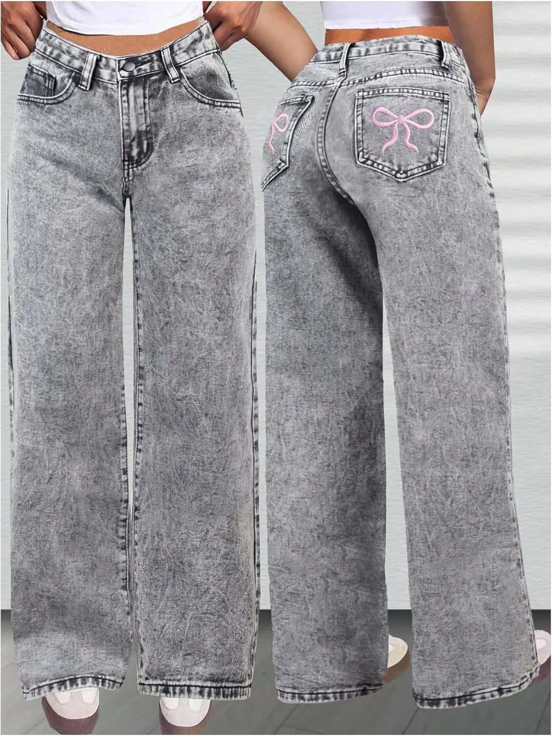 WDIRARA Girl's Bowknot Embroidery Wide Leg Jeans Y2k Baggy Denim Pants
