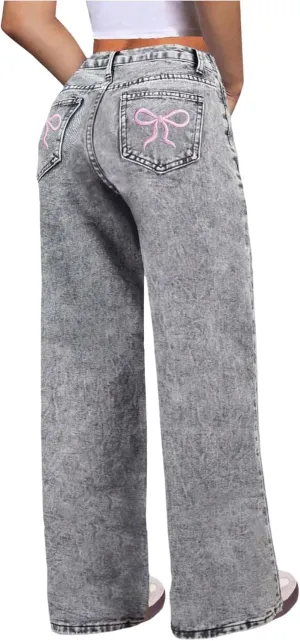 WDIRARA Girl's Bowknot Embroidery Wide Leg Jeans Y2k Baggy Denim Pants