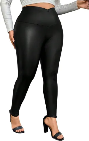 WDIRARA Women's Plus Size Cross Waist PU Leather Leggings Stretch Skinny Pants