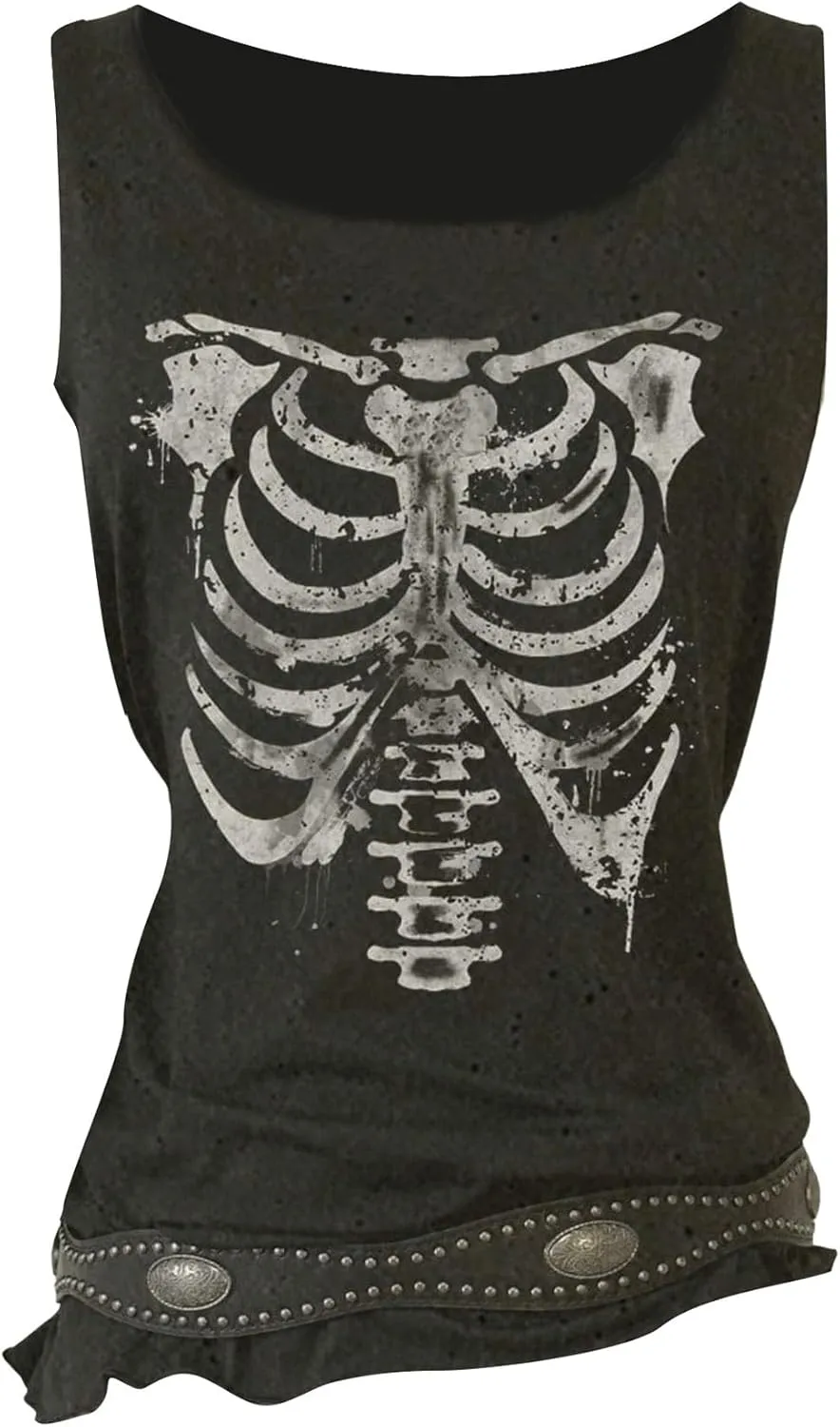 WDIRARA Women's Skull Graphic Tank Top Scoop Neck Sleeveless Tee Gothic Punk Tops
