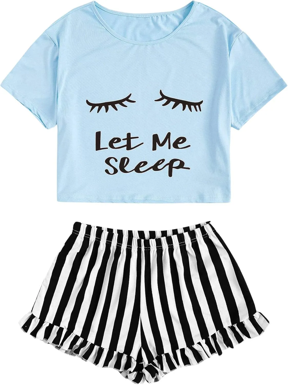 WDIRARA Women's Sleepwear Closed Eyes Print Tee and Striped Shorts Cute Pajama Set