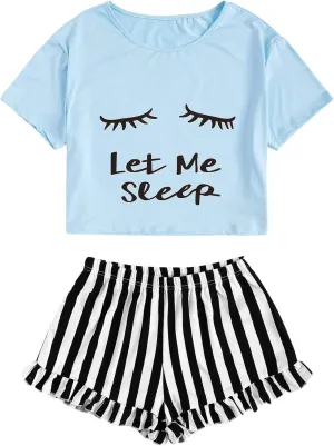 WDIRARA Women's Sleepwear Closed Eyes Print Tee and Striped Shorts Cute Pajama Set