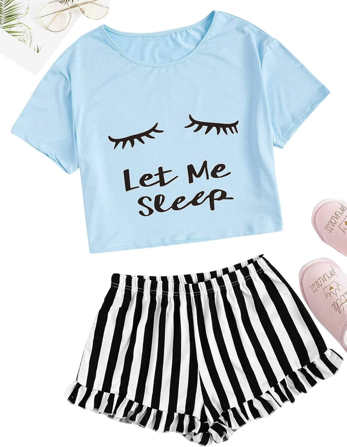 WDIRARA Women's Sleepwear Closed Eyes Print Tee and Striped Shorts Cute Pajama Set