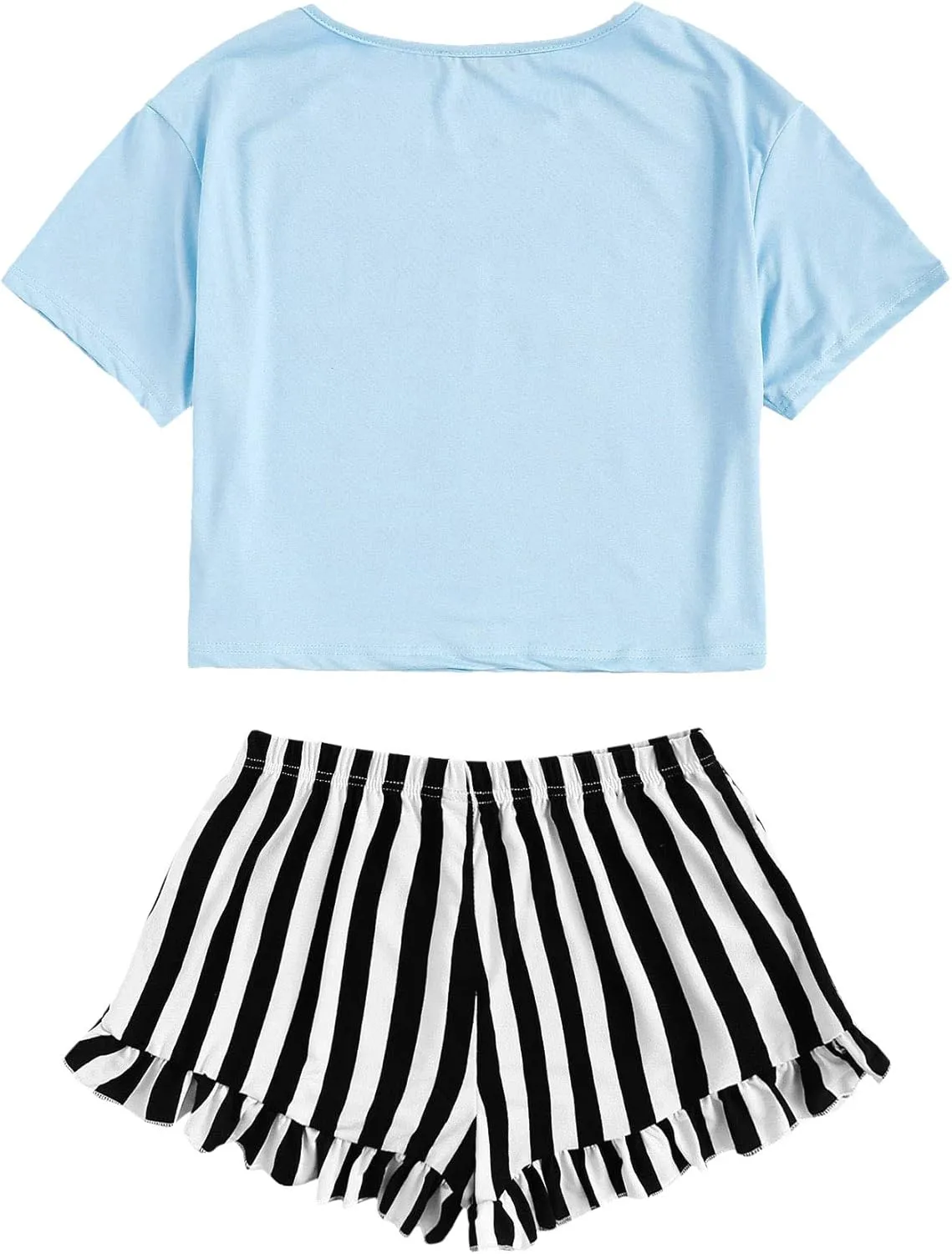 WDIRARA Women's Sleepwear Closed Eyes Print Tee and Striped Shorts Cute Pajama Set