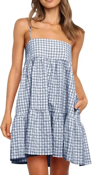 Wenrine Womens Summer Plaid Mini Dress Casual Spaghetti Strap Sleeveless A Line Beach Sundress with Pockets