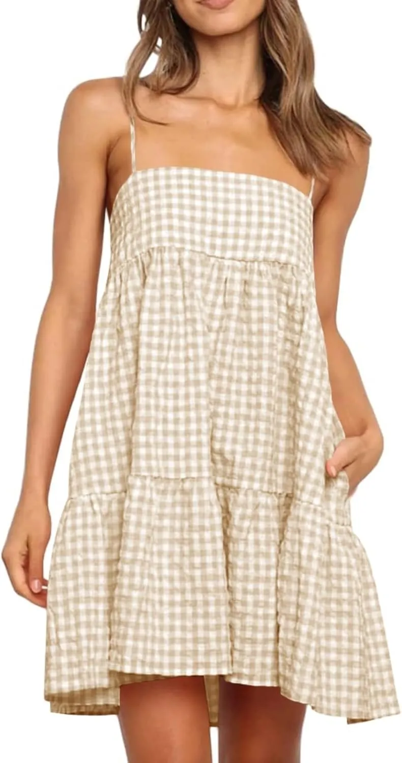 Wenrine Womens Summer Plaid Mini Dress Casual Spaghetti Strap Sleeveless A Line Beach Sundress with Pockets