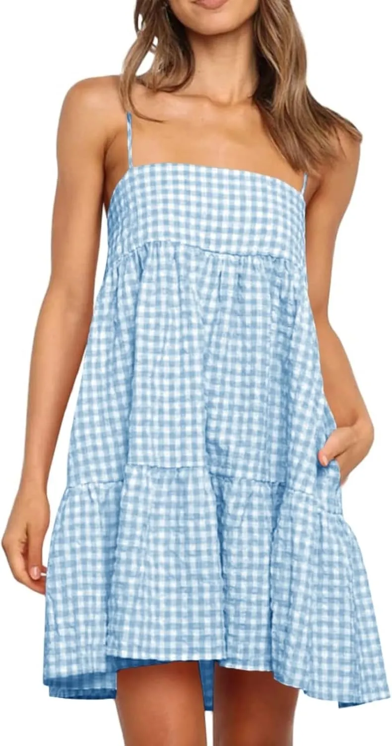 Wenrine Womens Summer Plaid Mini Dress Casual Spaghetti Strap Sleeveless A Line Beach Sundress with Pockets