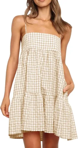 Wenrine Womens Summer Plaid Mini Dress Casual Spaghetti Strap Sleeveless A Line Beach Sundress with Pockets