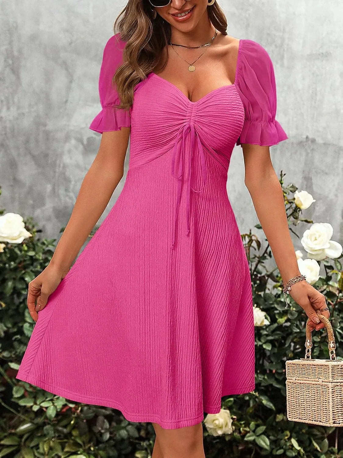 Wenrine Womens Summer Short Puff Sleeve Mini Dresses Drawstring Sweetheart Neck Casual Slim Flowy Dress Sundress