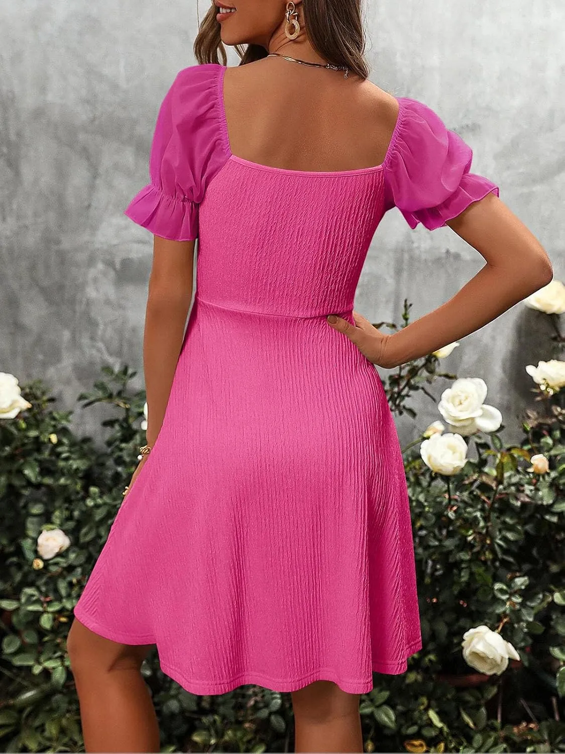 Wenrine Womens Summer Short Puff Sleeve Mini Dresses Drawstring Sweetheart Neck Casual Slim Flowy Dress Sundress