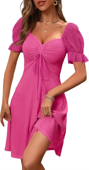 Wenrine Womens Summer Short Puff Sleeve Mini Dresses Drawstring Sweetheart Neck Casual Slim Flowy Dress Sundress
