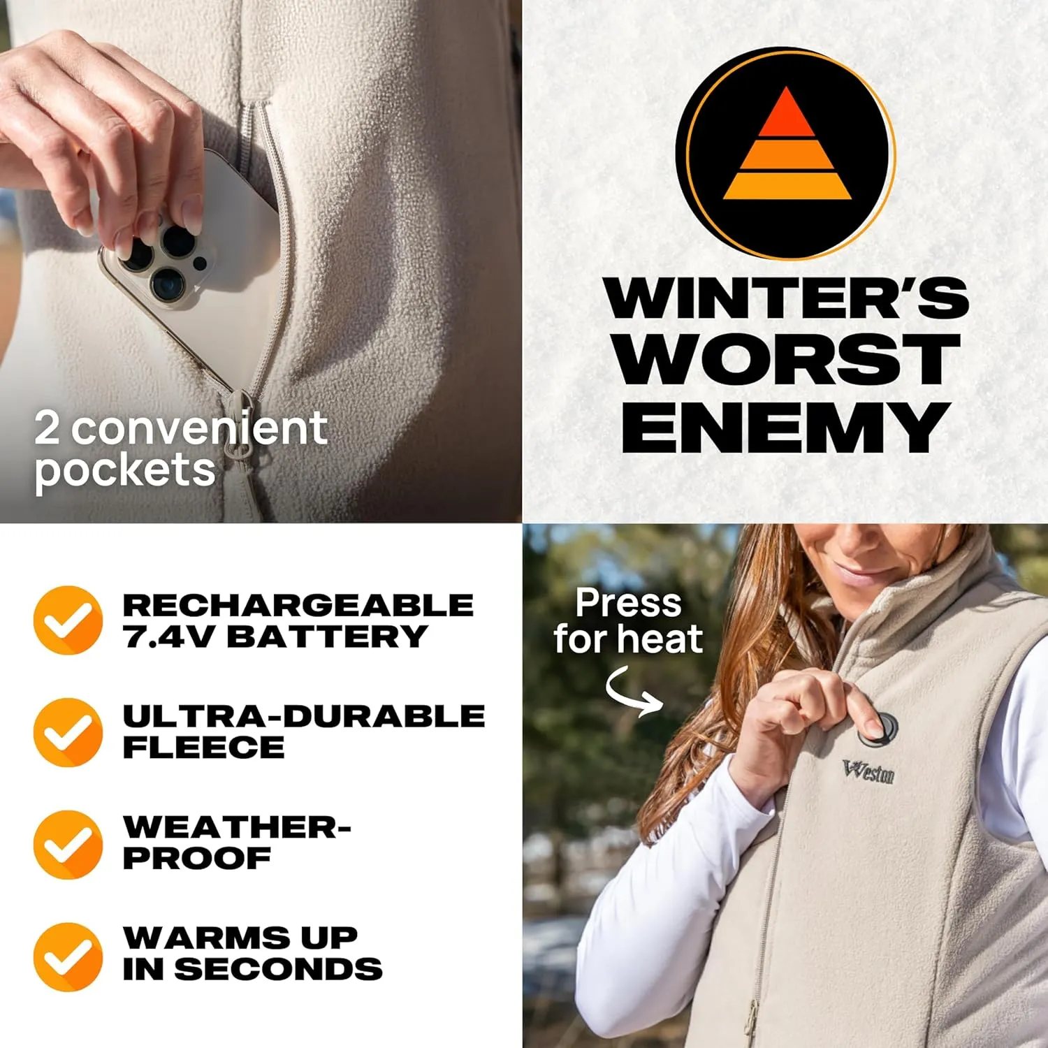 WESTON Womens Heated Fleece Vest, 4 Heating Zones, 7.4V, 4800 mAH Rechargeable Battery, Machine-Washable Womens Fleece Vest