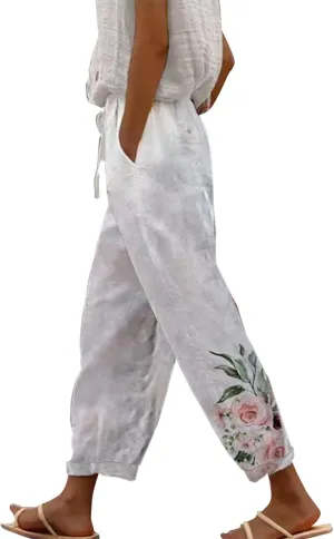 White Linen Dress, Harem Pants Women Cotton Linen, Lightweight Capri High Waisted Trousers Casual Summer Beach Lounge Long Trousers Pantalones De Lino Yellow 5X-Large