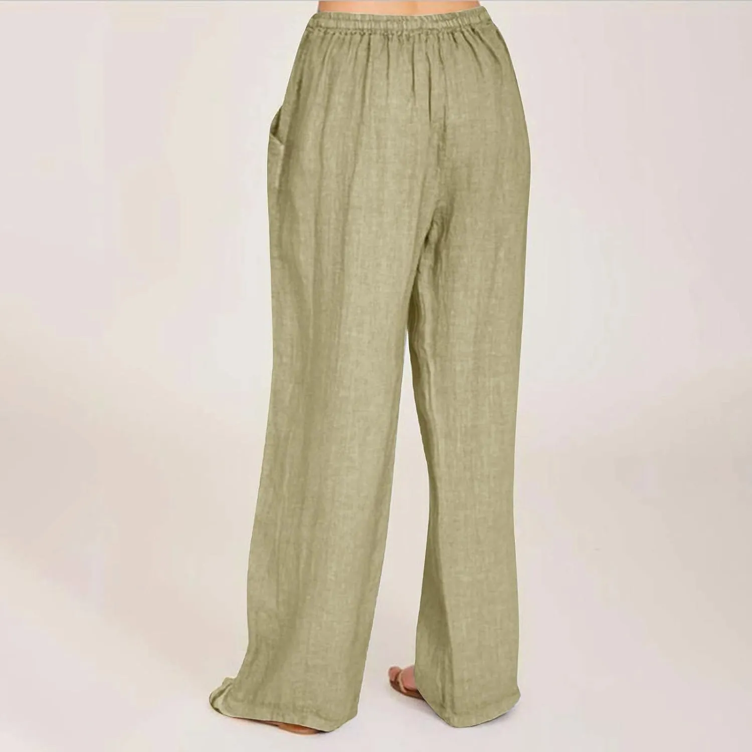 Wide Leg Linen Pants for Women Summer High Waisted Elastic Pant Flowy Comfty Casual Drawstring Trousers with Pockets