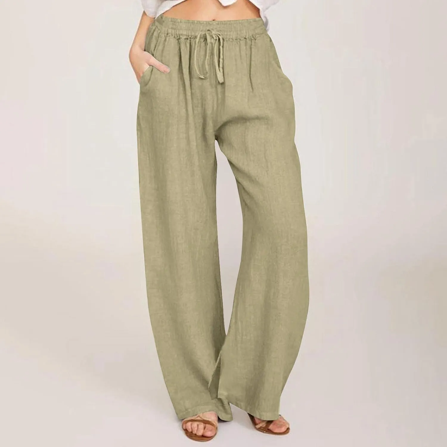 Wide Leg Linen Pants for Women Summer High Waisted Elastic Pant Flowy Comfty Casual Drawstring Trousers with Pockets