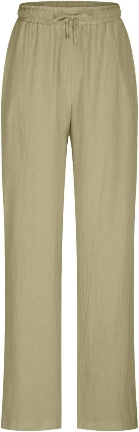 Wide Leg Linen Pants for Women Summer High Waisted Elastic Pant Flowy Comfty Casual Drawstring Trousers with Pockets