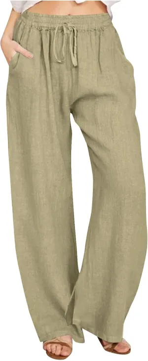 Wide Leg Linen Pants for Women Summer High Waisted Elastic Pant Flowy Comfty Casual Drawstring Trousers with Pockets