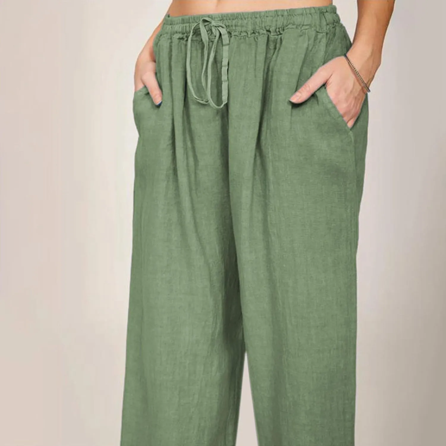 Wide Leg Linen Pants Women Loose Fit High Waist Summer Cotton Linen Pant with Pocket Drawstring Casual Lounge Trousers