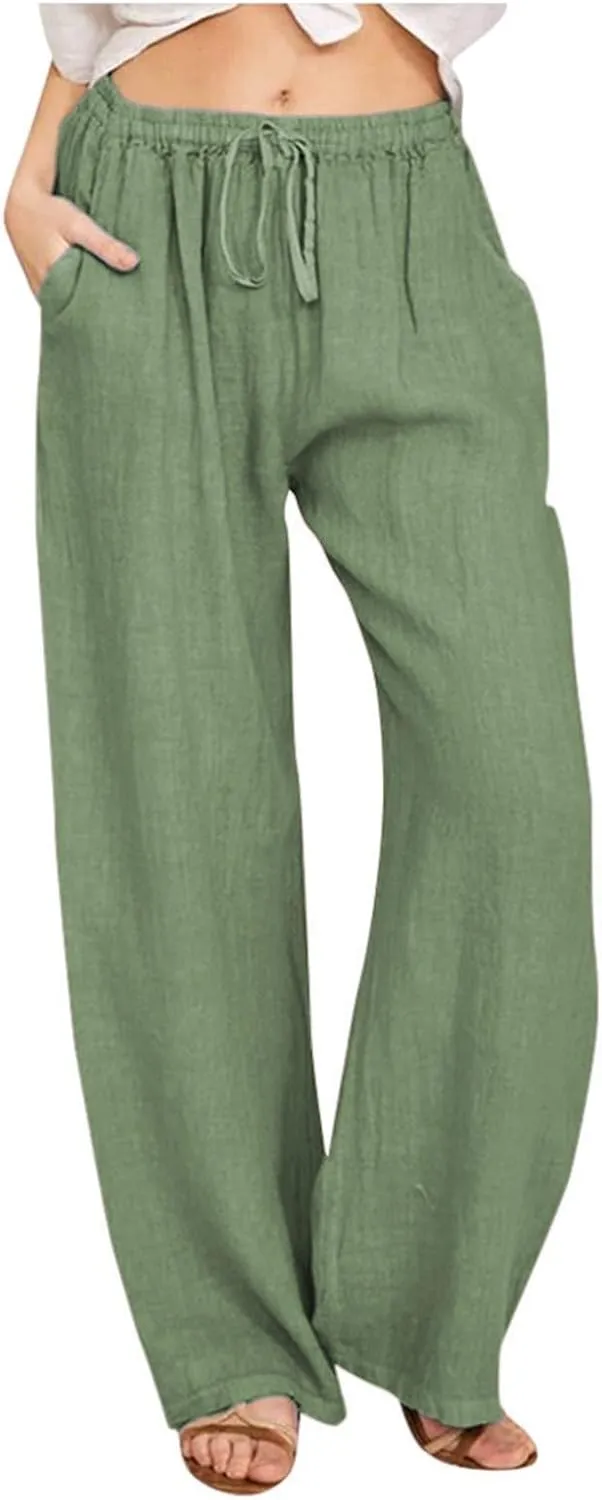 Wide Leg Linen Pants Women Loose Fit High Waist Summer Cotton Linen Pant with Pocket Drawstring Casual Lounge Trousers