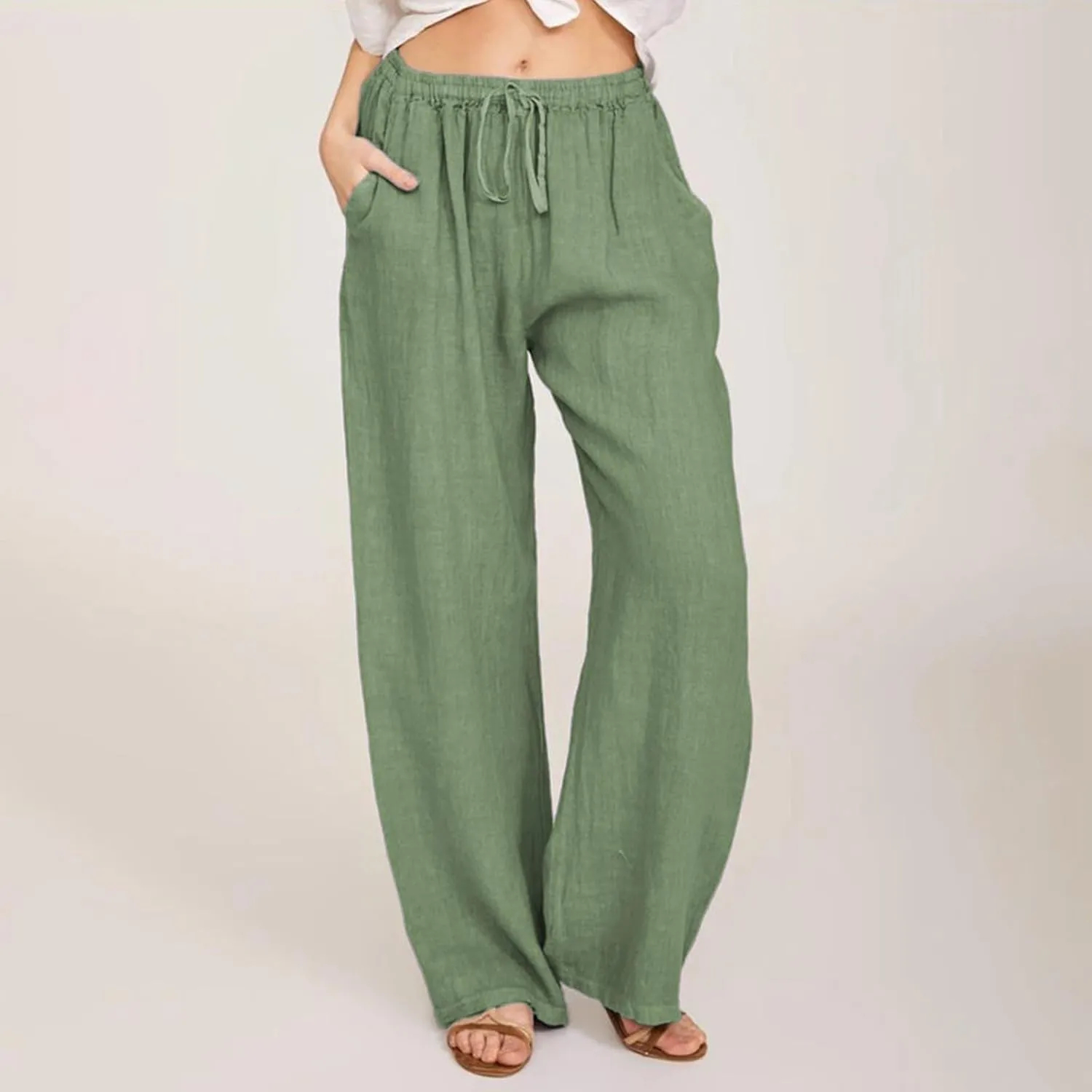 Wide Leg Linen Pants Women Loose Fit High Waist Summer Cotton Linen Pant with Pocket Drawstring Casual Lounge Trousers