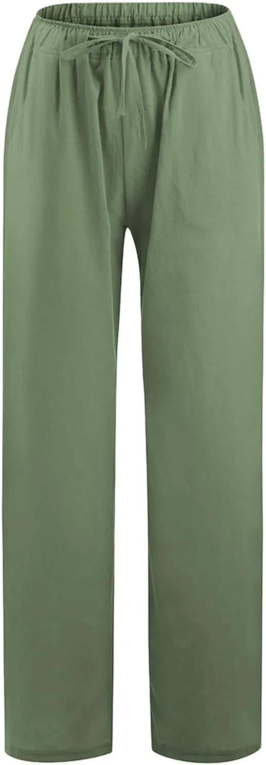 Wide Leg Linen Pants Women Loose Fit High Waist Summer Cotton Linen Pant with Pocket Drawstring Casual Lounge Trousers