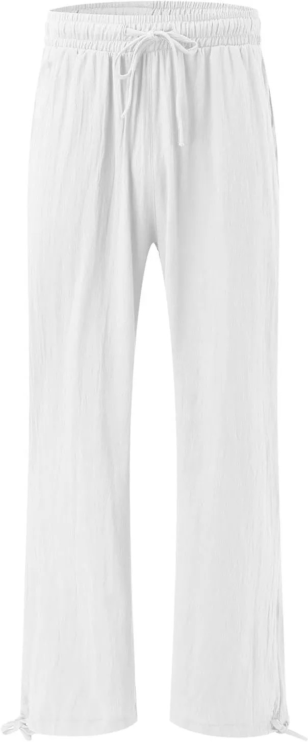 Wide Leg Palazzo Pants for Women Summer Flowy Boho Linen Pants Lightweight Elastic Baggy Waist Pants with Pockets