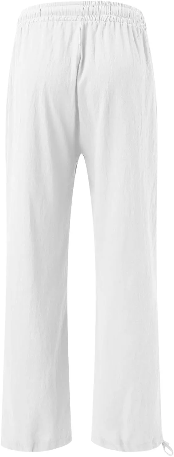 Wide Leg Palazzo Pants for Women Summer Flowy Boho Linen Pants Lightweight Elastic Baggy Waist Pants with Pockets