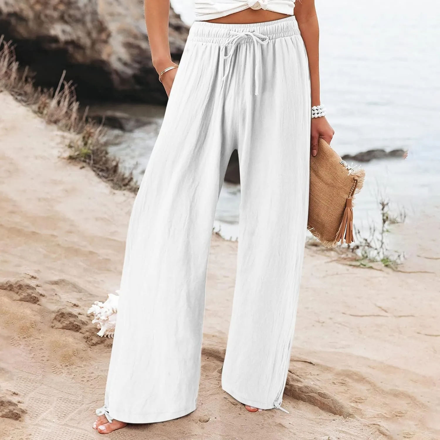 Wide Leg Palazzo Pants for Women Summer Flowy Boho Linen Pants Lightweight Elastic Baggy Waist Pants with Pockets