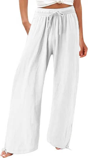 Wide Leg Palazzo Pants for Women Summer Flowy Boho Linen Pants Lightweight Elastic Baggy Waist Pants with Pockets