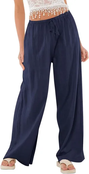 Wide Leg Pants for Women Cotton Linen High Waisted Summer Dressy Pants Casual Button Flowy Pockets Solid Outfits Baggy