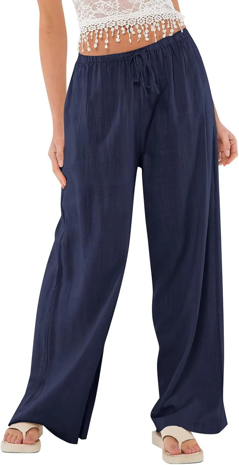 Wide Leg Pants for Women Cotton Linen High Waisted Summer Dressy Pants Casual Button Flowy Pockets Solid Outfits Baggy