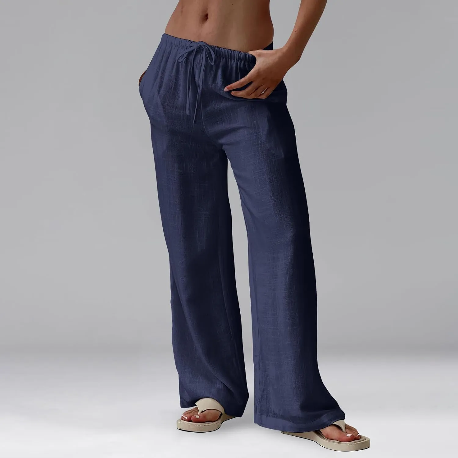 Wide Leg Pants for Women Cotton Linen High Waisted Summer Dressy Pants Casual Button Flowy Pockets Solid Outfits Baggy