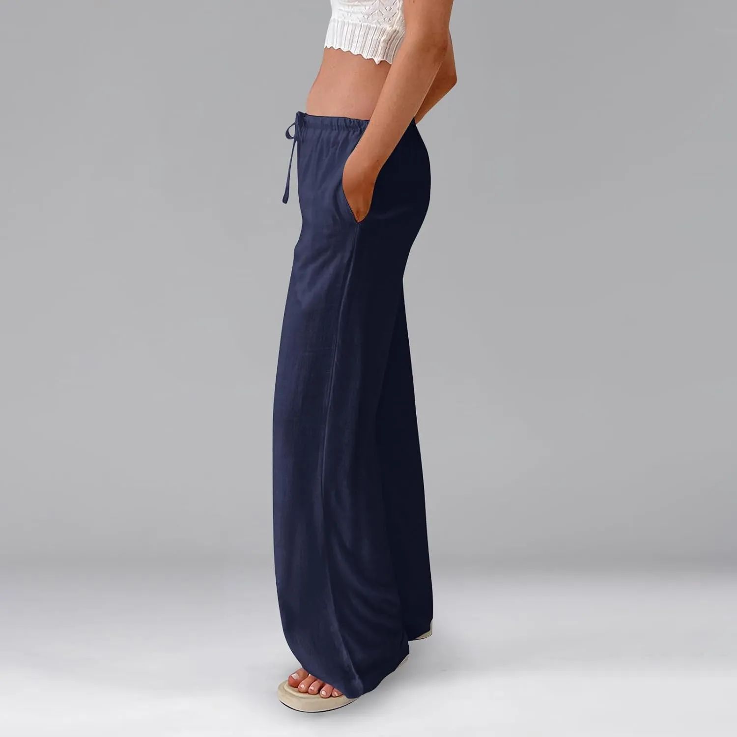 Wide Leg Pants for Women Cotton Linen High Waisted Summer Dressy Pants Casual Button Flowy Pockets Solid Outfits Baggy