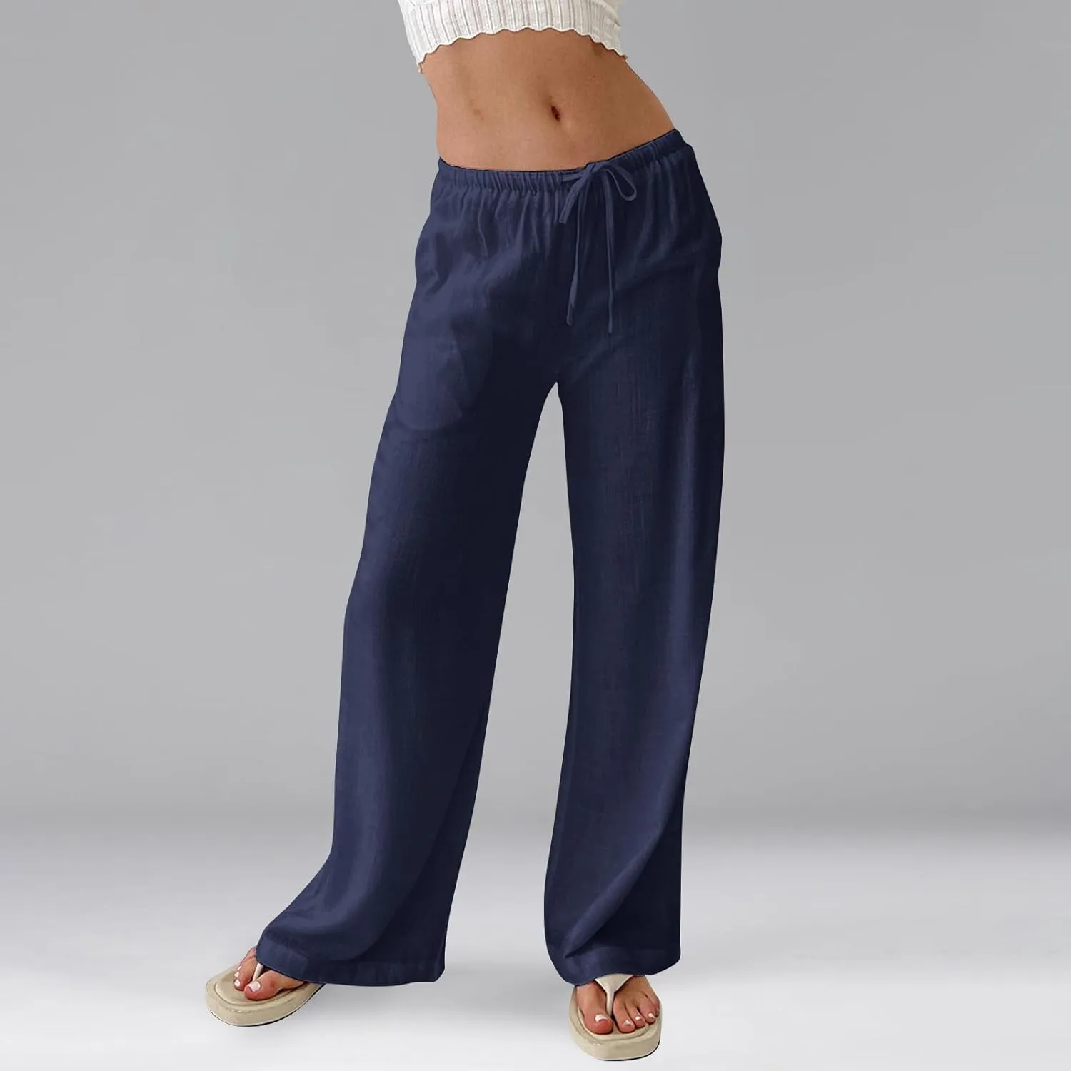 Wide Leg Pants for Women Cotton Linen High Waisted Summer Dressy Pants Casual Button Flowy Pockets Solid Outfits Baggy