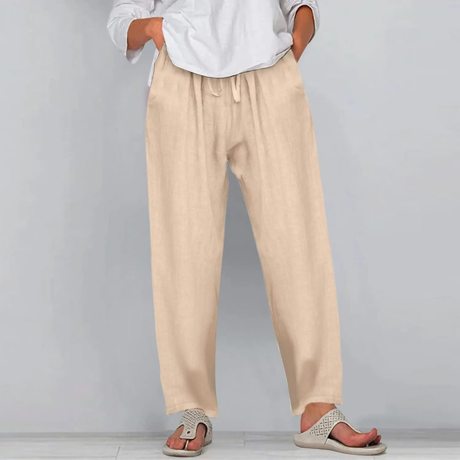 Wide Leg Trousers Women Linen Feel Casual Lightweight Summer Drawstring Elastic Waist Comfy Palazzo Pants with Pockets