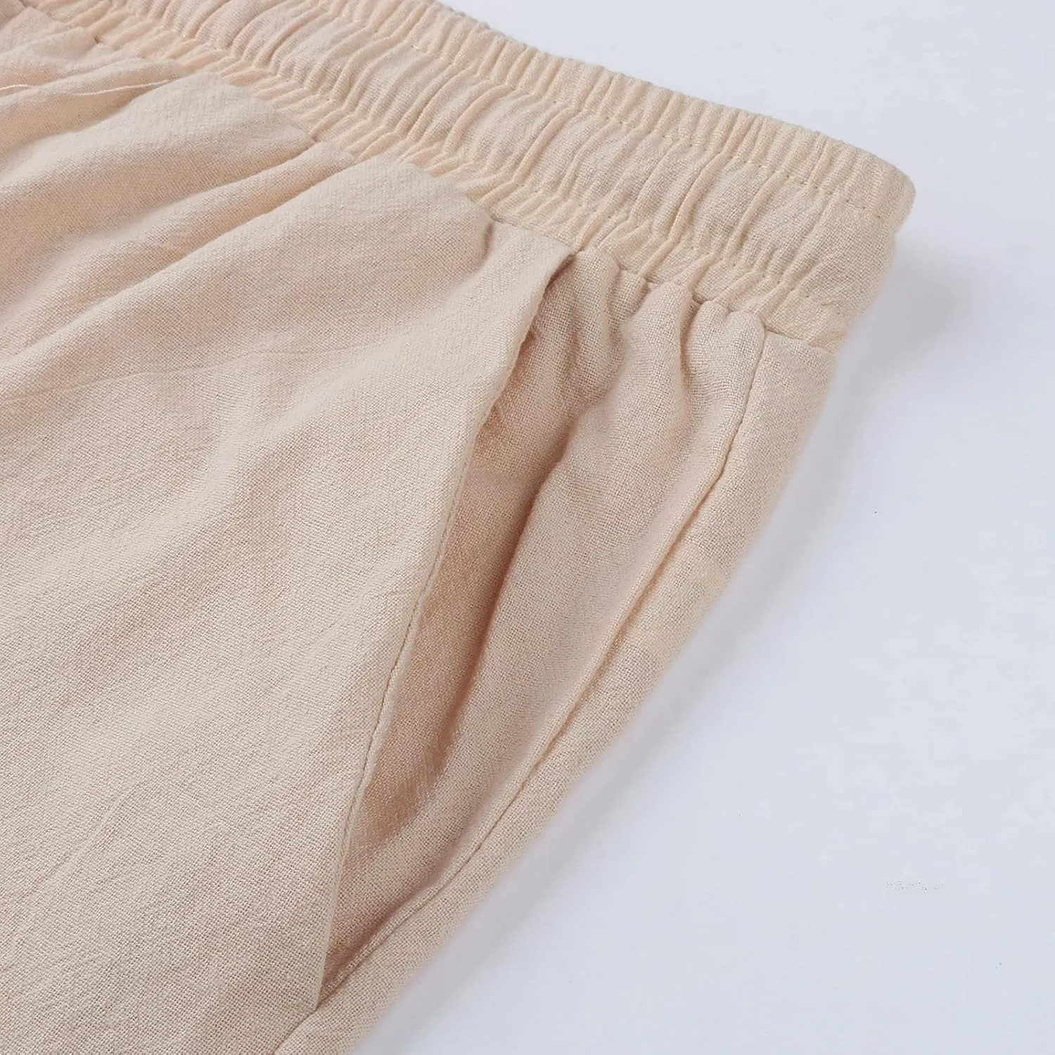 Wide Leg Trousers Women Linen Feel Casual Lightweight Summer Drawstring Elastic Waist Comfy Palazzo Pants with Pockets
