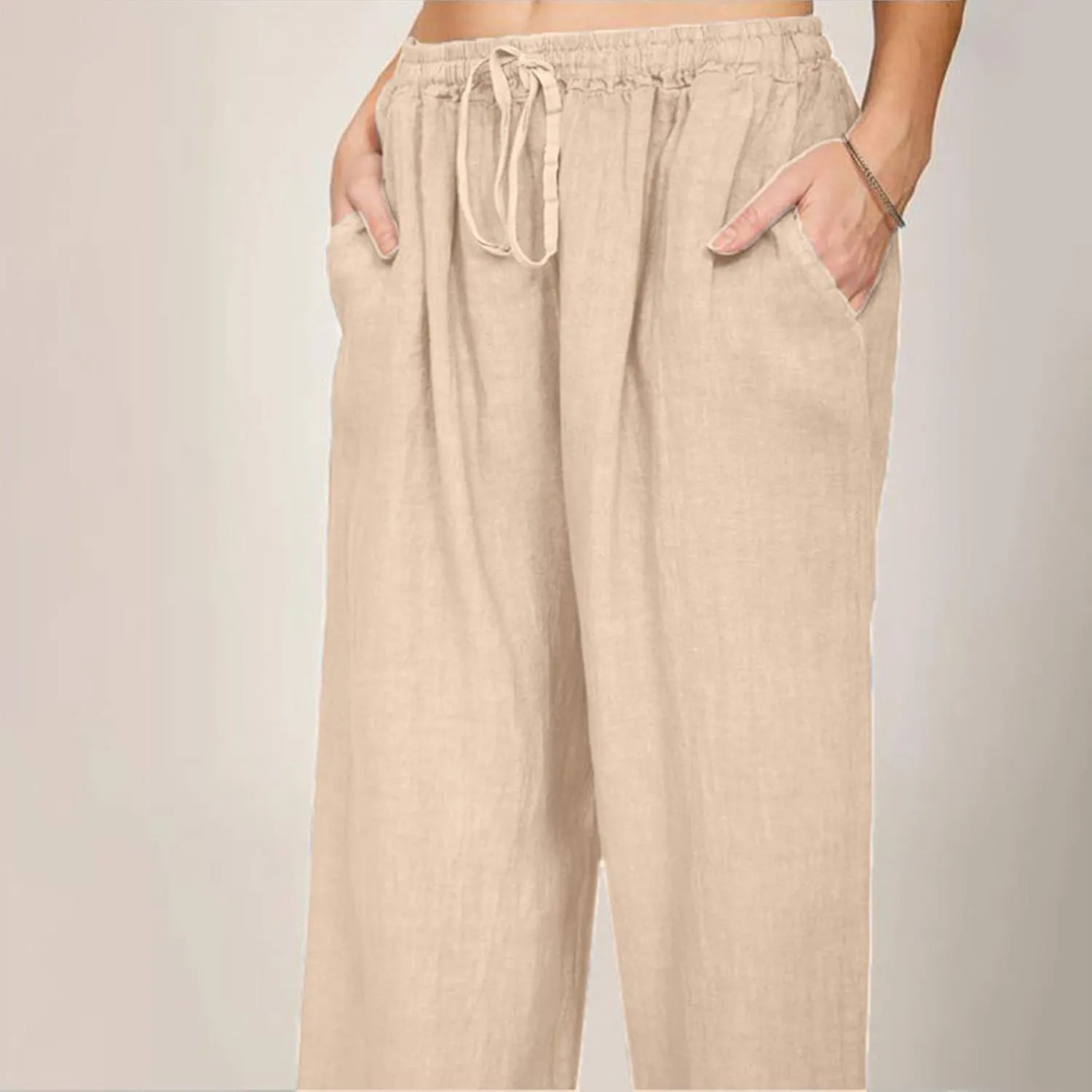Wide Leg Trousers Women Linen Feel Casual Lightweight Summer Drawstring Elastic Waist Comfy Palazzo Pants with Pockets